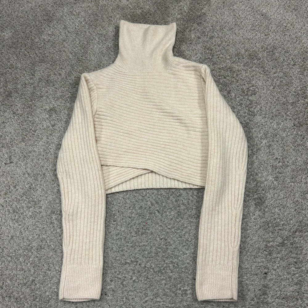 Crescent Turtleneck Sweater L Cream Cropped Ribbed Knit Crossover Wrap Hem